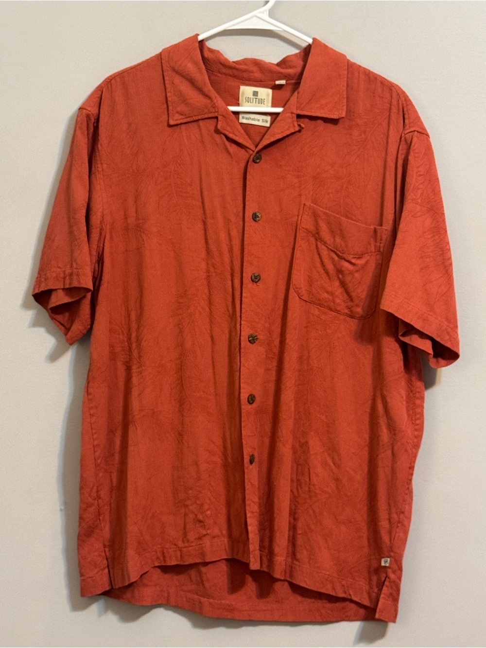 Solitude Men’s L 100% Washable Silk Orange Jacquard Camp Shirt Short Sleeve
